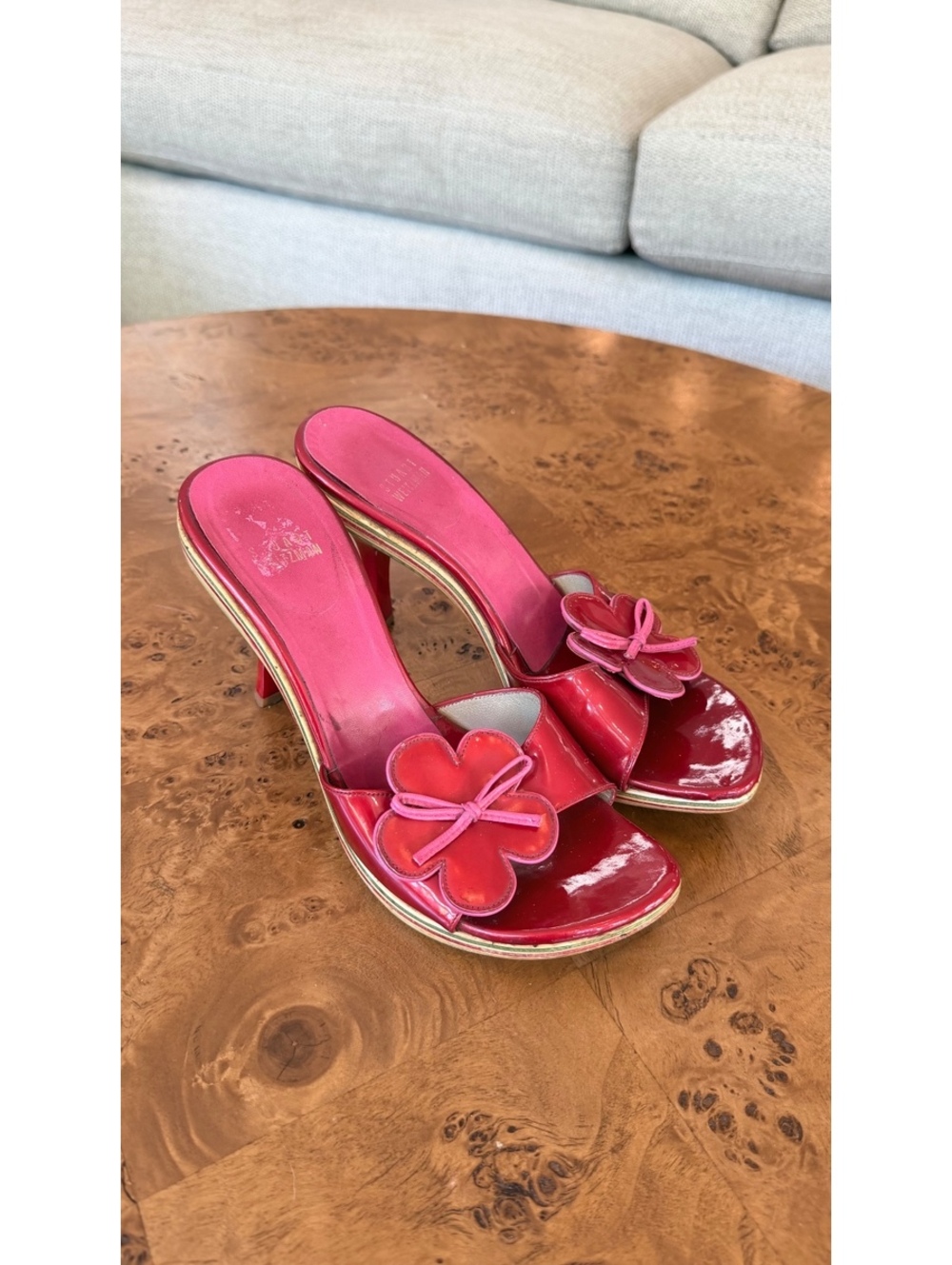 Stuart Weitzman Red Patent Leather Flower Slide Sandals